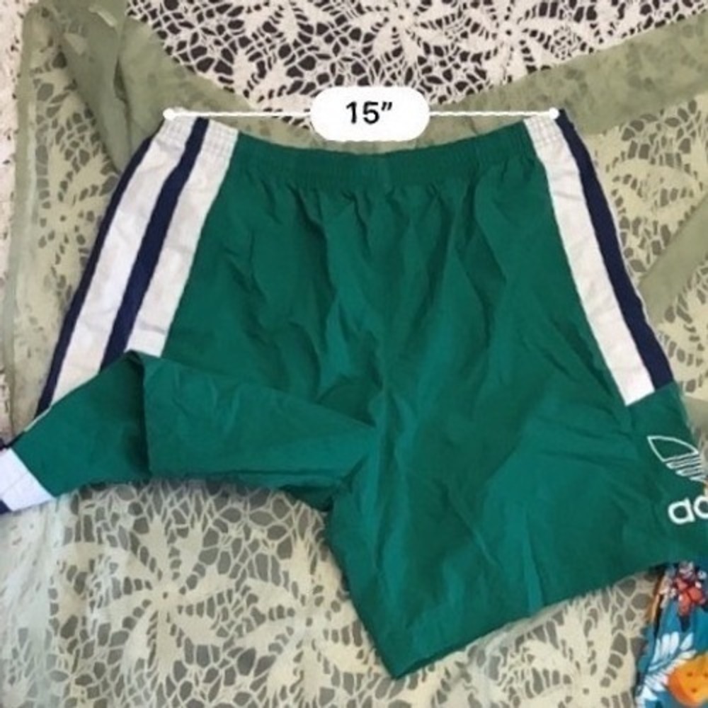 Vintage Adidas Nylon Track Shorts Green Trefoil Logo Mens Large 90s Striped Gym - Picture 6 of 6